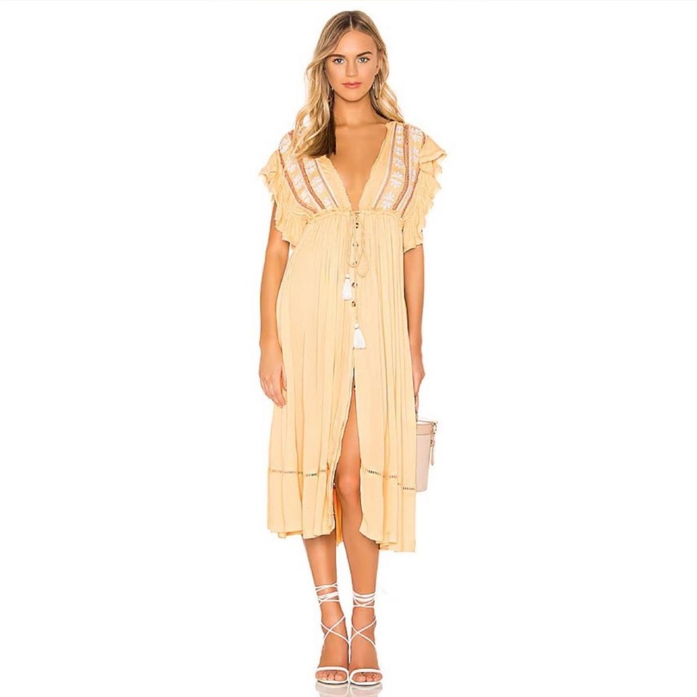 Free People Will Wait for You Embroidered Peasant Style Boho Flowy Midi Dress